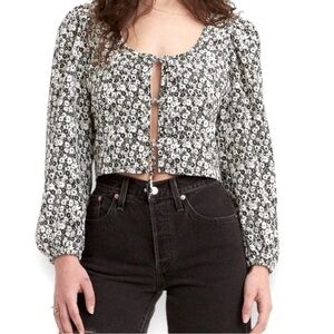 Levi's Womens Plus Black White Floral Print Embry Tie Long Puff Sleeve Top XXL